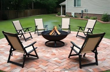 Image of a wood burning fire pit on a brick patio for a blog post about fire pit placement.