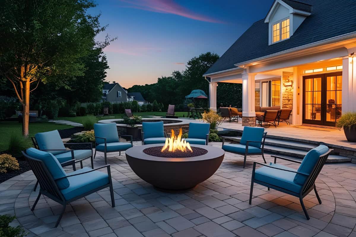 fire-pit-placement-functions Image of a gas fire pit bowl on a brick patio.