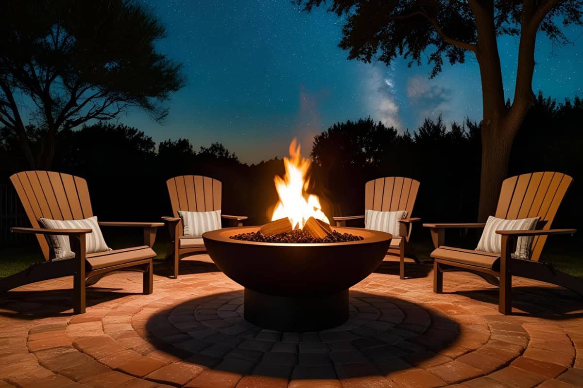 fire-pit-placement-importance Image of a burning fire bowl under the stars.