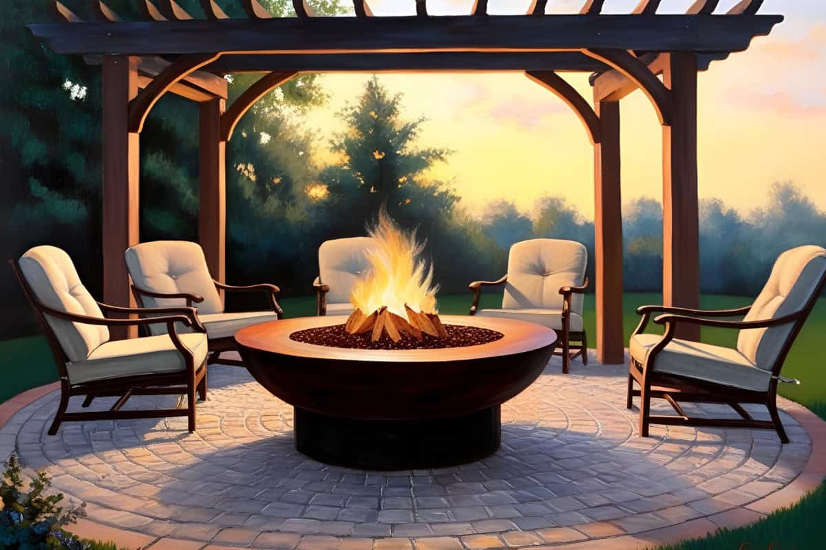 fire-pit-placement-safety Image of a sketch of a fire pit under a pergola.