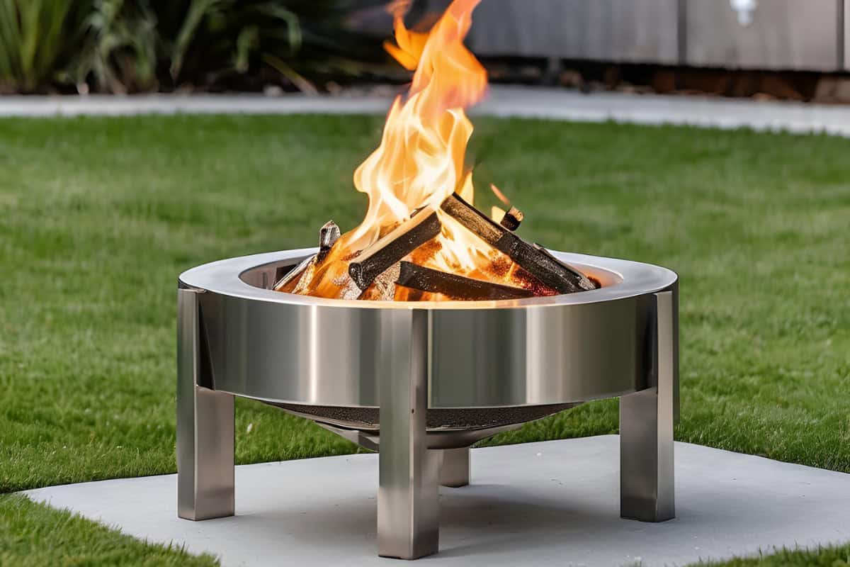 Image of a wood burning stainless steel fire pit in a backyard. 