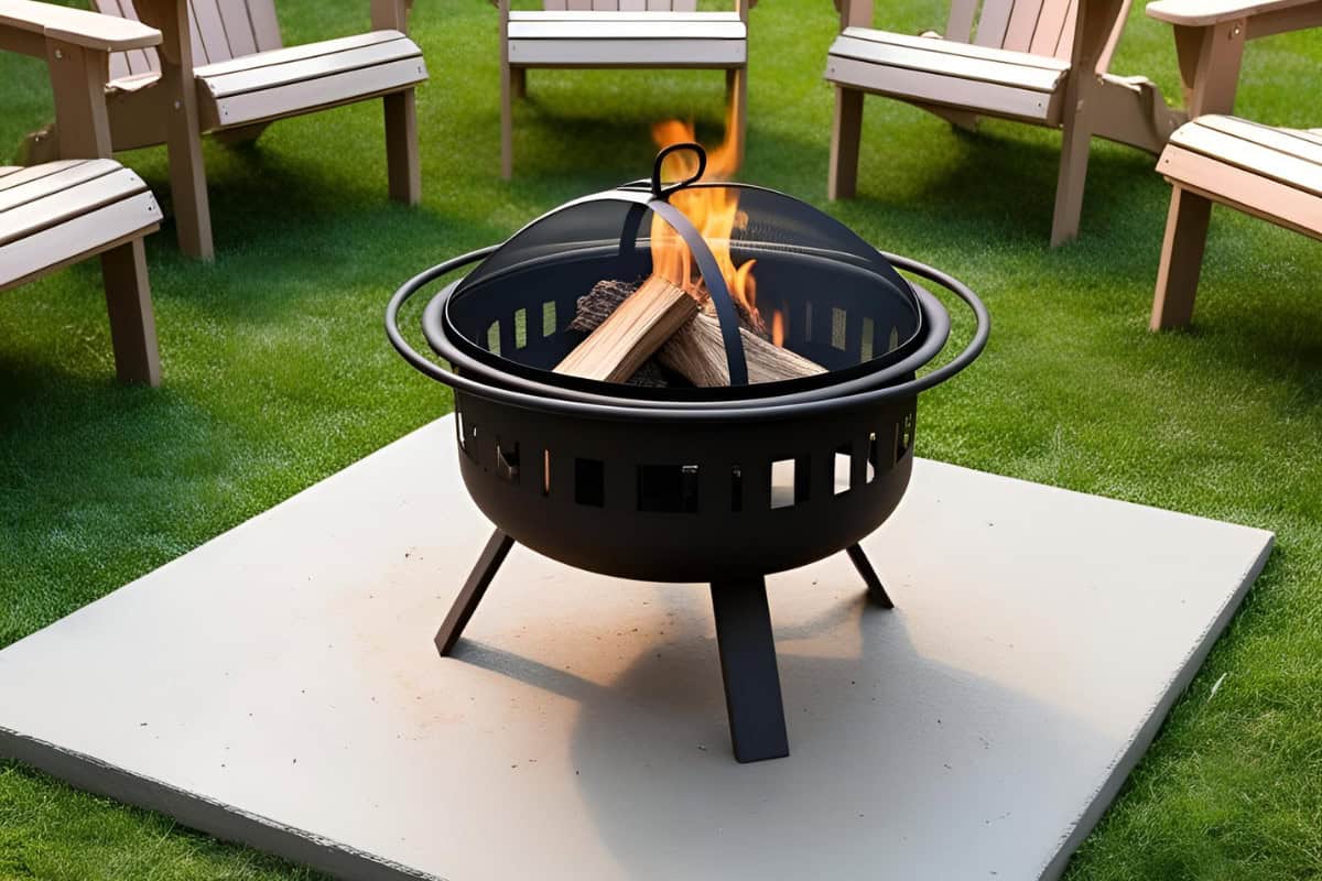 Image of a wood burning fire pit surrounded by chairs for an article about fire pits on grass.