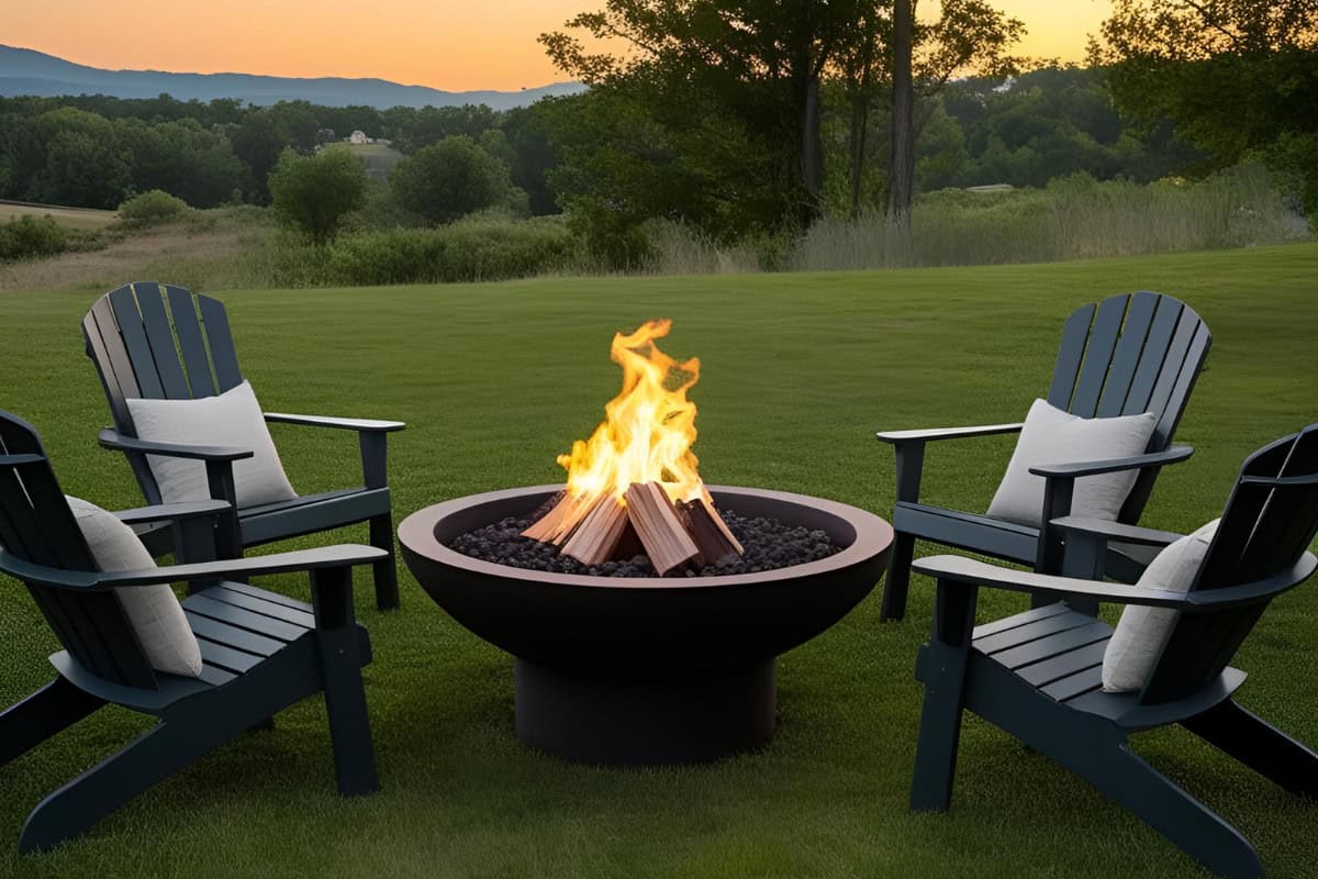 Image of a burning fire pit in a field for a blog post about fire pits on grass.