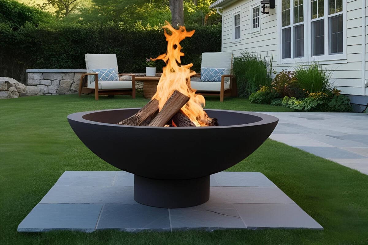 Image of a burning fire pit bowl next to a patio.