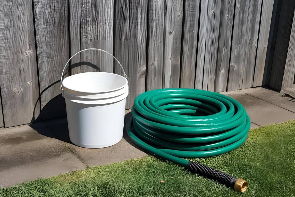 Image of a bucket and a hose next to a fence..