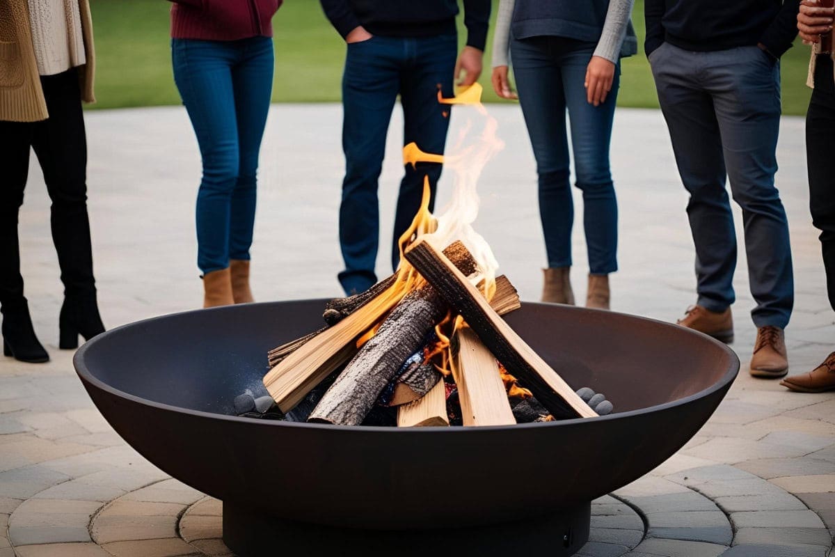start-a-fire-pit-fire-steps Image of a group of people standing around a burning fire bowl.