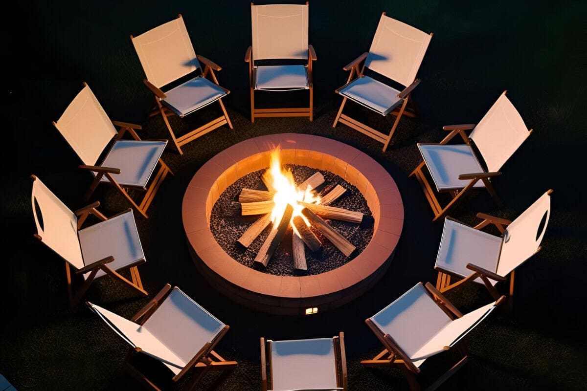 Image of a stone fire pit surrounded by folding chairs at night.