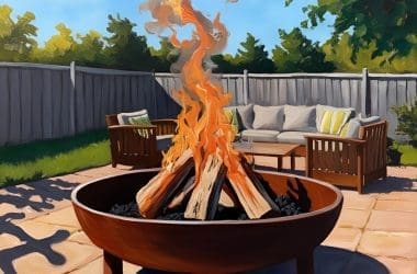 Image of a wood burning fire pit on a patio for a blog post answering the question "can I have a fire pit in my backyard?"