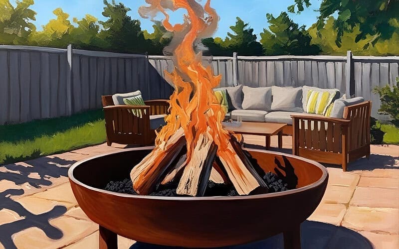 Image of a wood burning fire pit on a patio for a blog post answering the question "can I have a fire pit in my backyard?"