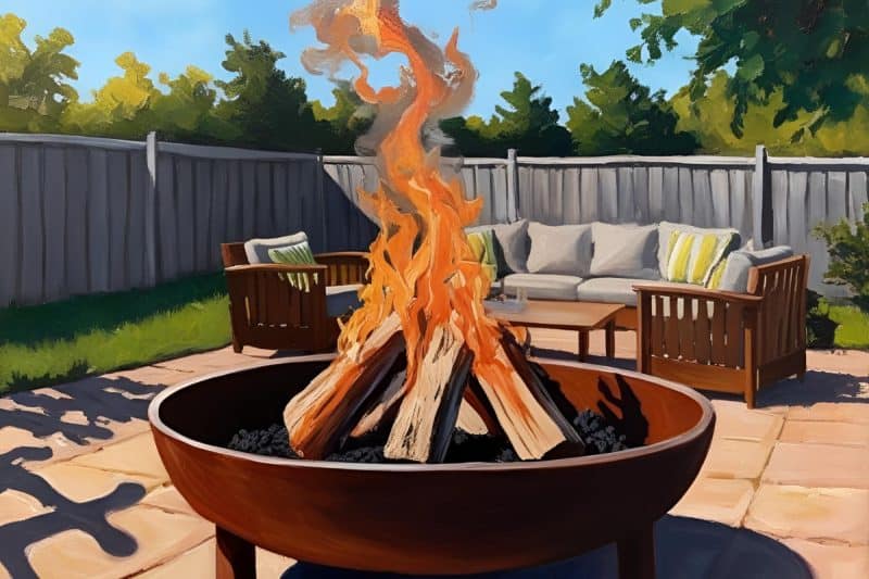 Image of a wood burning fire pit on a patio for a blog post answering the question "can I have a fire pit in my backyard?"