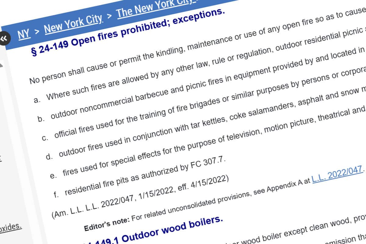 Image of a screenshot of New Yor City fire regulations.