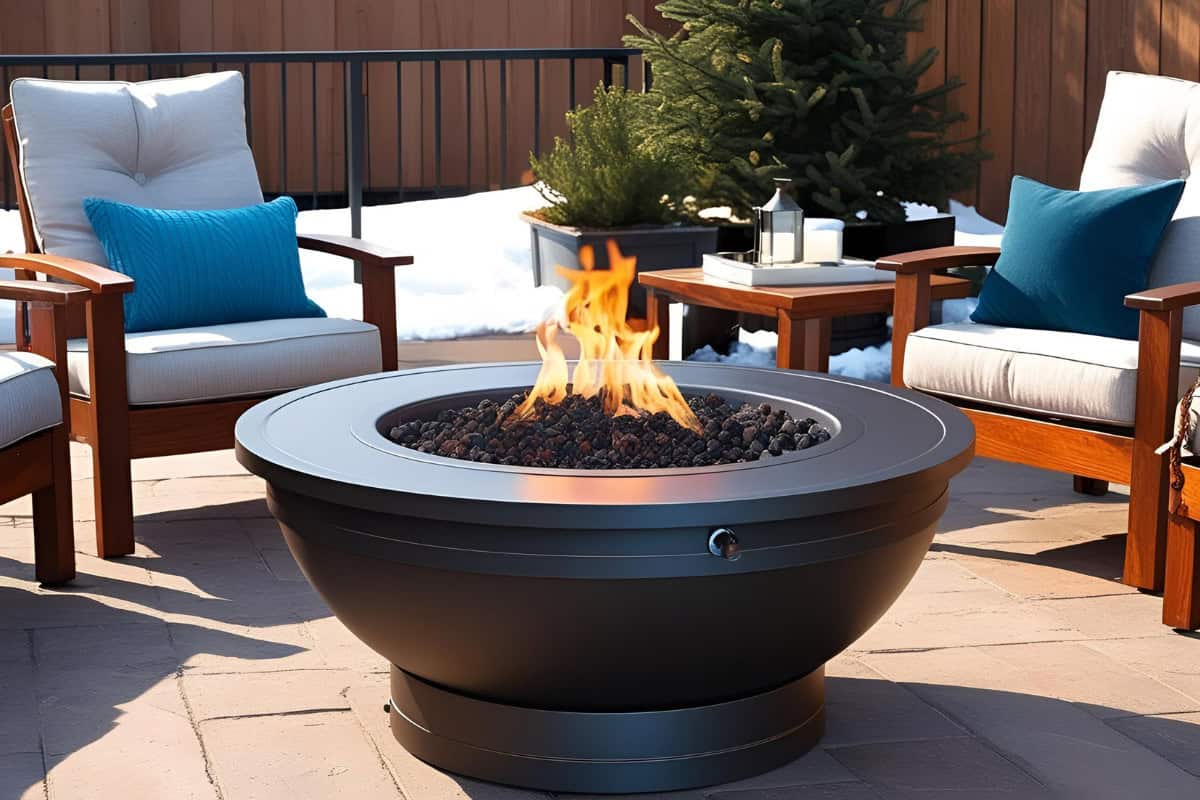 Image of a backyard fire feature and chairs.