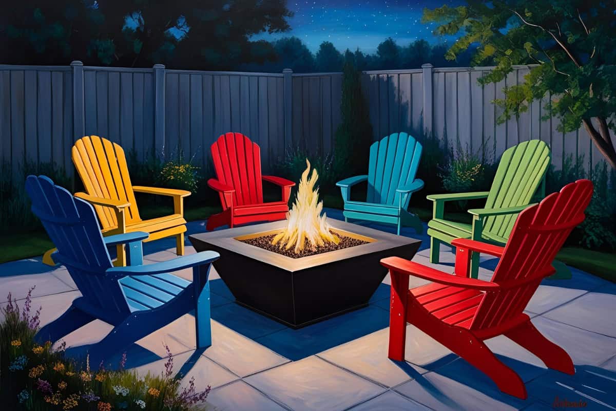 Image of a gas fire pit surrounded by chairs.