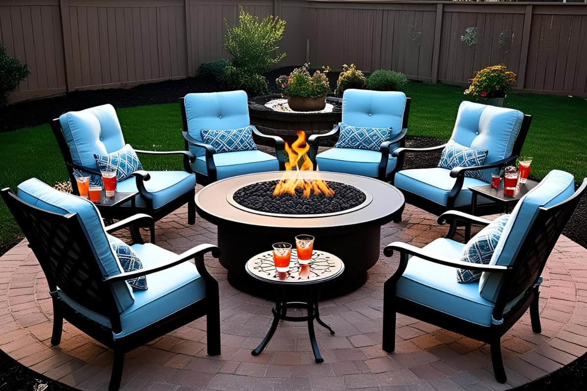 Image of a ound gas fire pit on a brick patio.