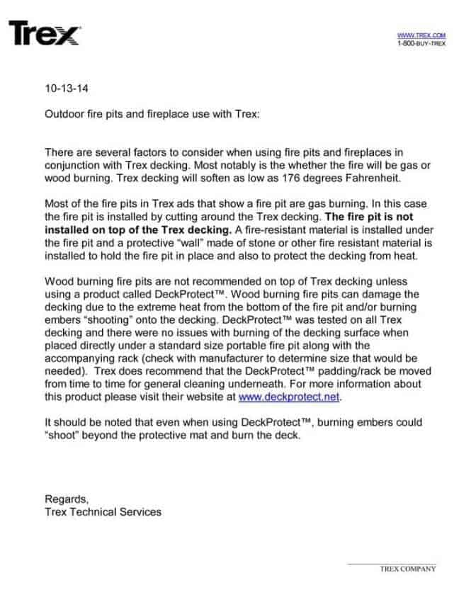 Image of trex letter endorsing the deckprotect fire pit barrier