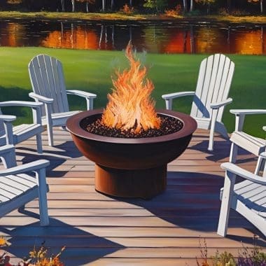 Image of a sketch of a gas fire pit on a wood deck.