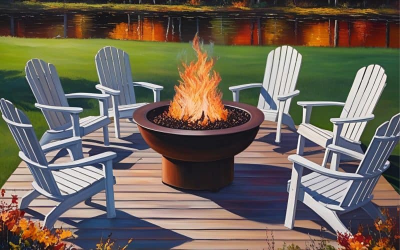 Image of a sketch of a gas fire pit on a wood deck.