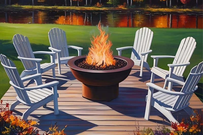 Image of a sketch of a gas fire pit on a wood deck.