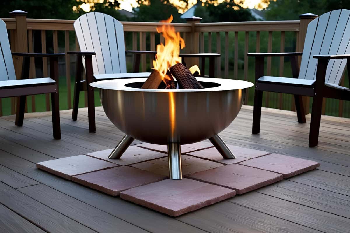 Image of a fire pit on pavers for a blog post covering the use of a fire pit on a deck.