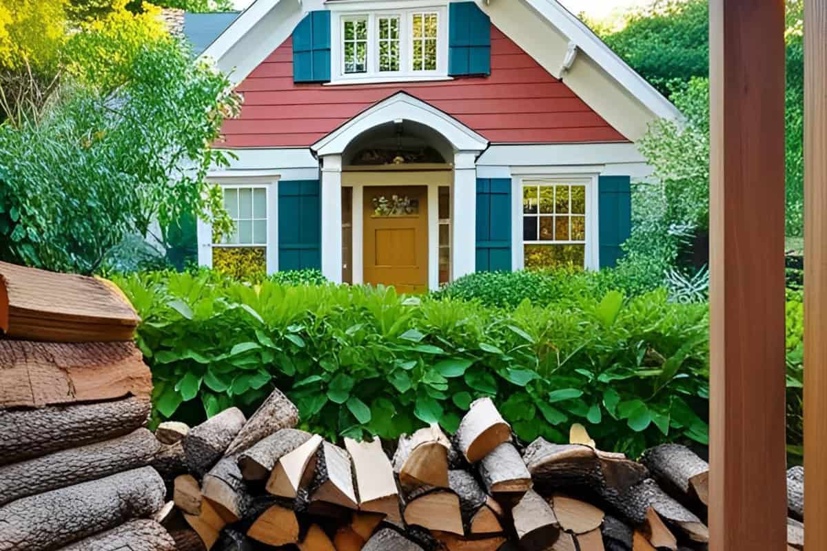 Image of a home with firewood in the foreground.
