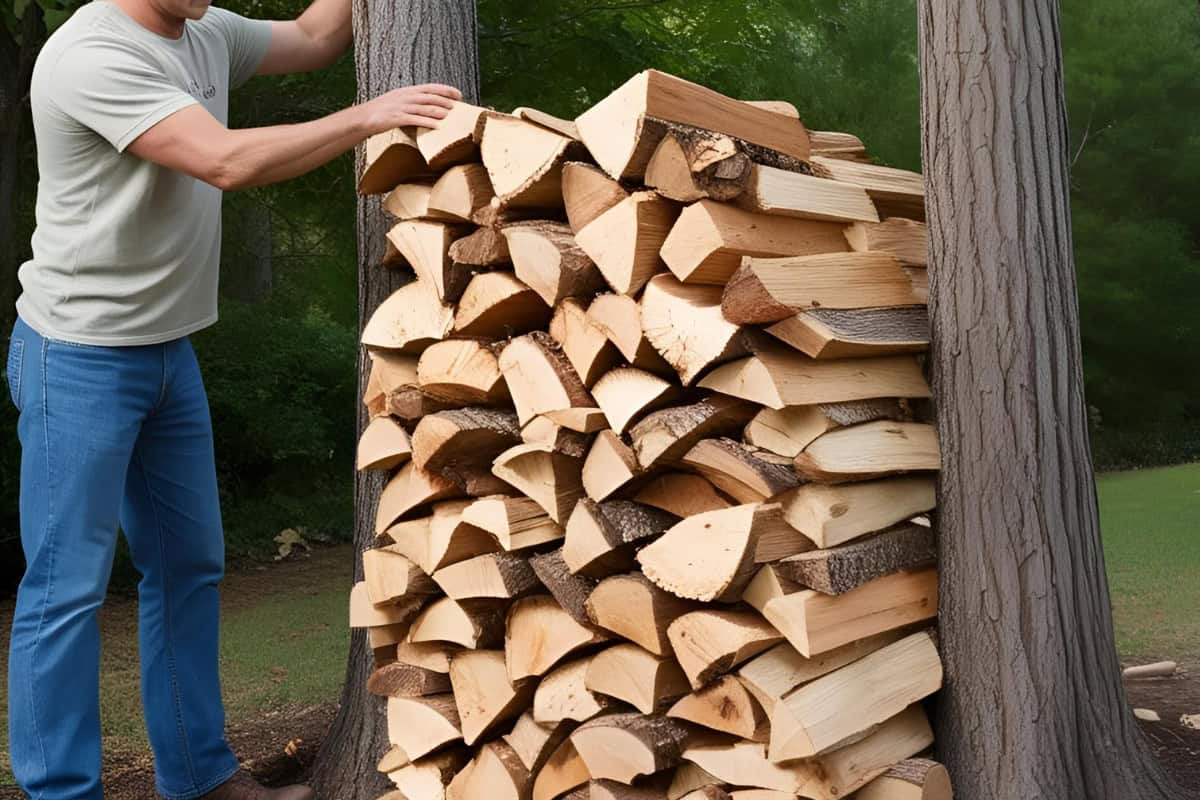 Image of a man stacking wood.
