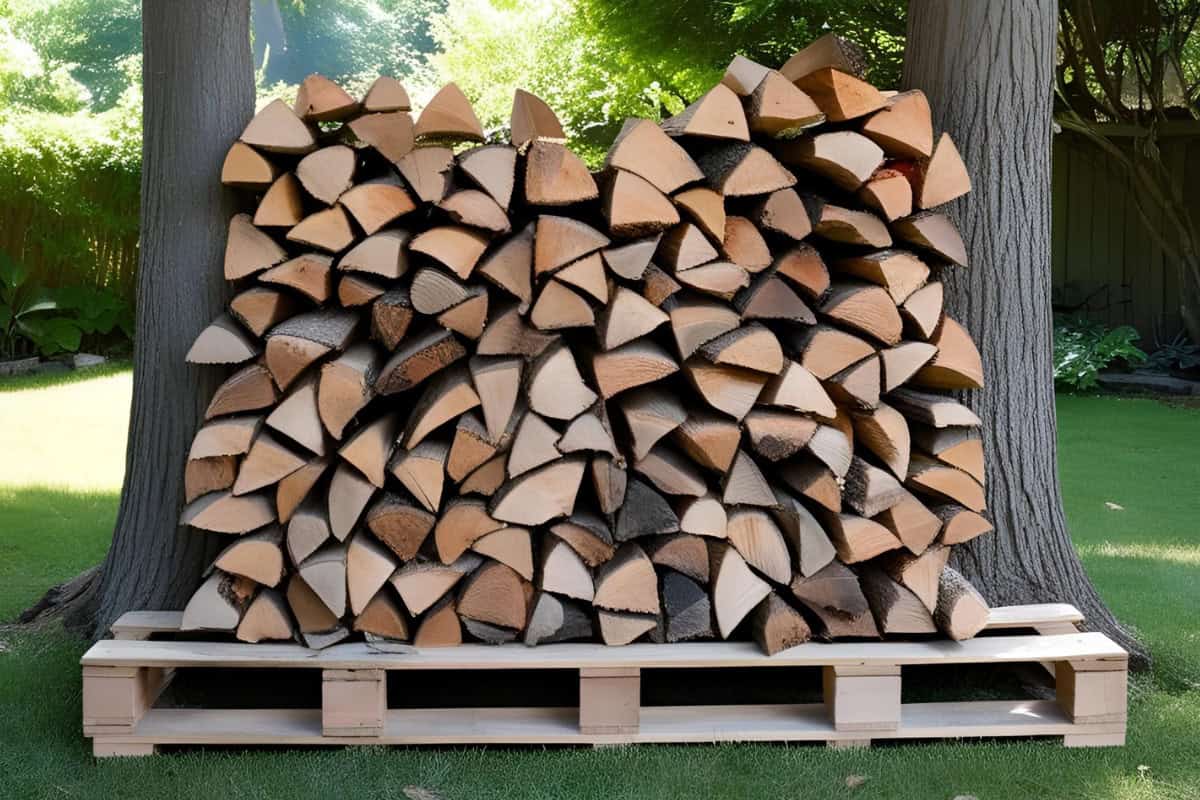 Image of a stack of firewood between two trees.