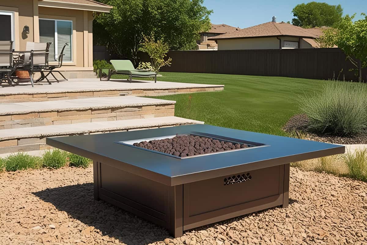 Image of a square gas fire pit for a blog post about gas fire pit covers.