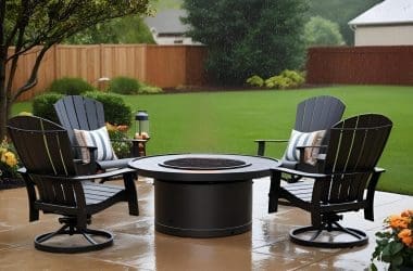 Image of a gas fire pit and chairs on a rainy day for a blog post about gas fire pit covers.
