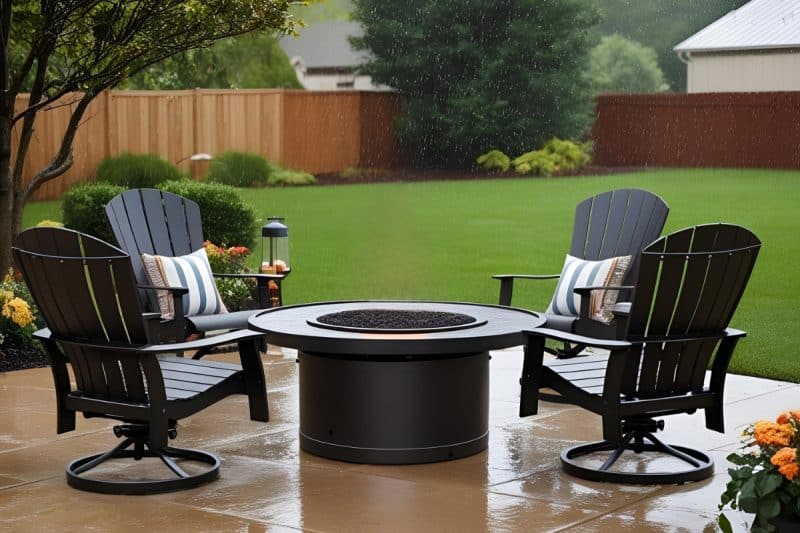 Image of a gas fire pit and chairs on a rainy day for a blog post about gas fire pit covers.