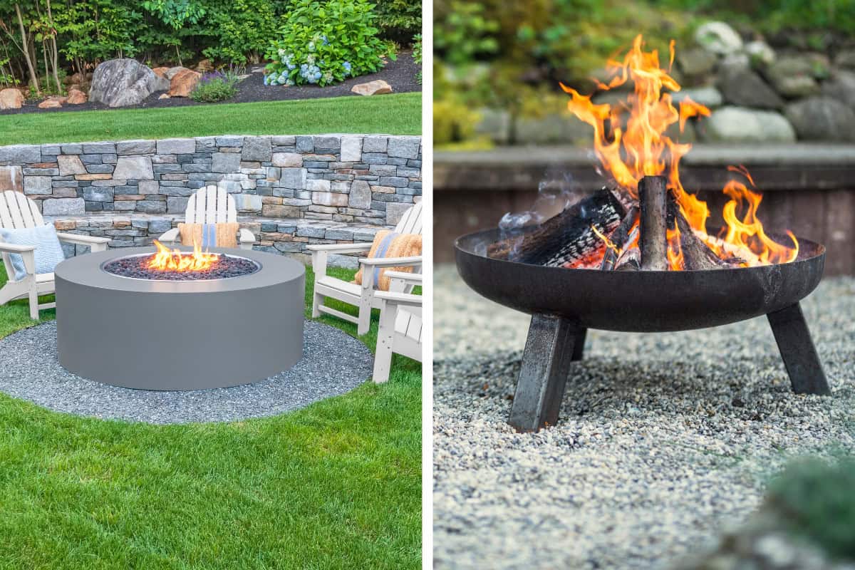 Image of a gas fire pit and a wood-burning fire pit side-by-side in two frames.