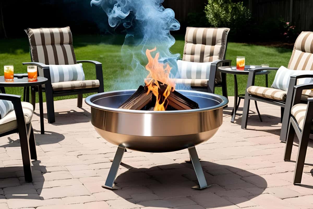Image of a stainless-steel fire pit sitting on a paver patio.
