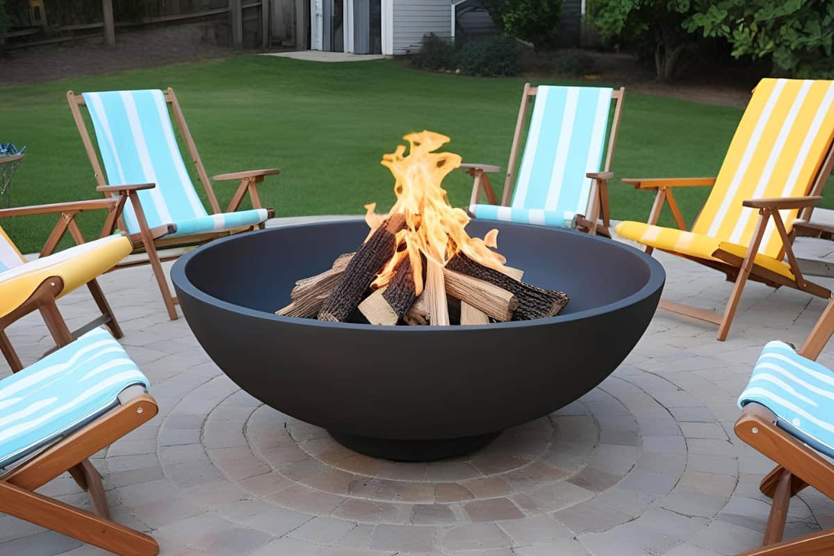 Image of a fire pit bowl surrounded by beach chairs for a blog post on how to reduce fire pit smoke.