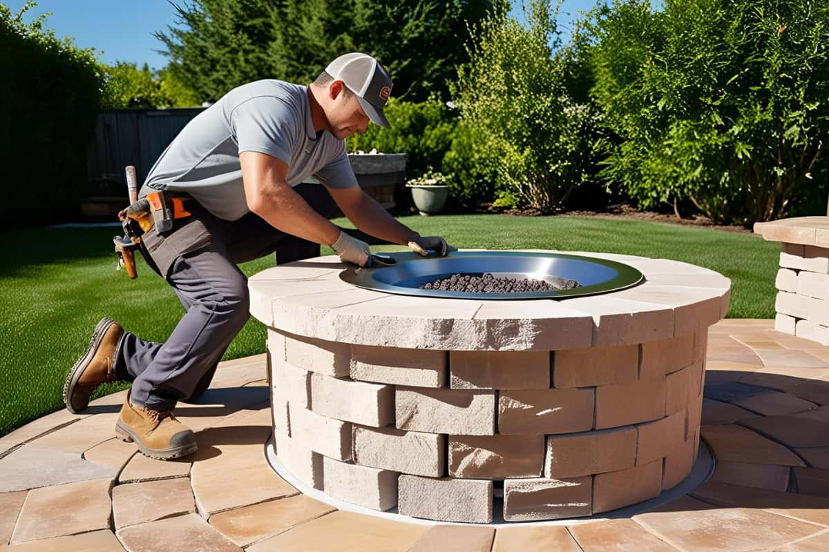 fire-pit-insert-buyers-guide-faqs Image of an installer putting in a gas fire pit insert.