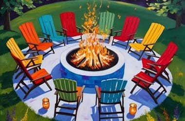 Image of a sketch of a fire pit insert in a stone block fire pit surrounded with chairs.