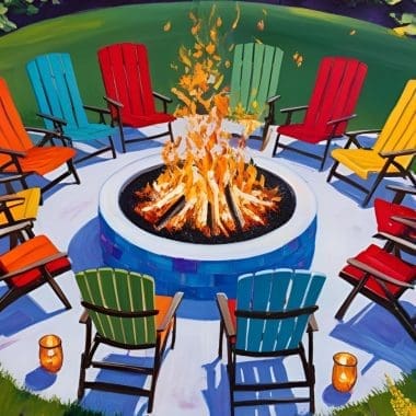 Image of a sketch of a fire pit insert in a stone block fire pit surrounded with chairs.