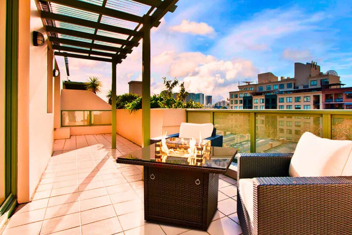 Image of an urban apartment balcony with a fire pit.