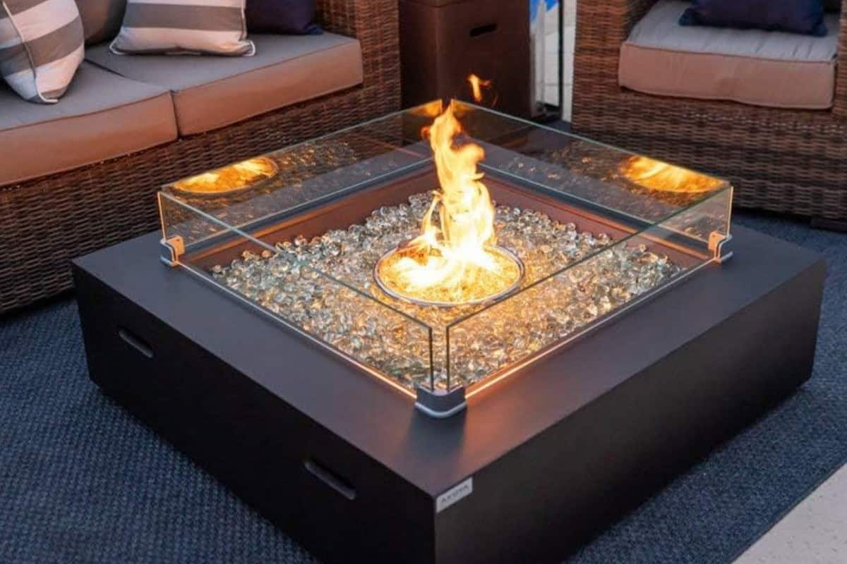Image of square gas fire pit with clear fireglass.
