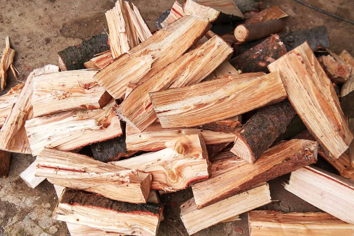 Image of freshly split green fire wood waiting to be stacked.