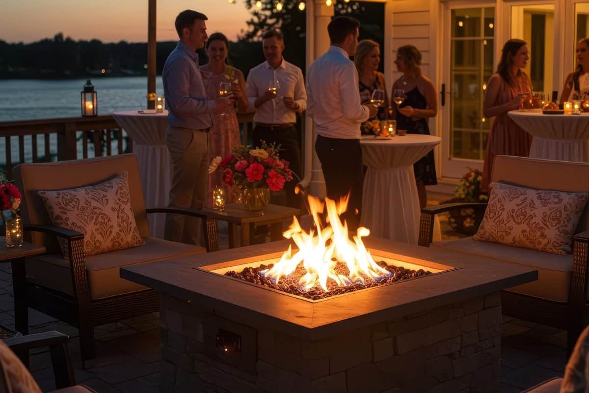 Image of a burning natural gas fire pit at a patio party for a blog post about propane fire pits vs. natural gas.