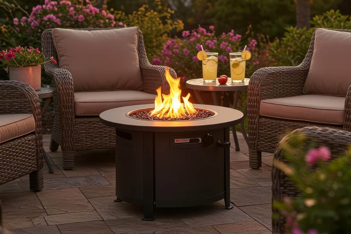 Image of a round portable propane fire pit on a patio for a blog post about using a propane fire pit vs. natural gas.