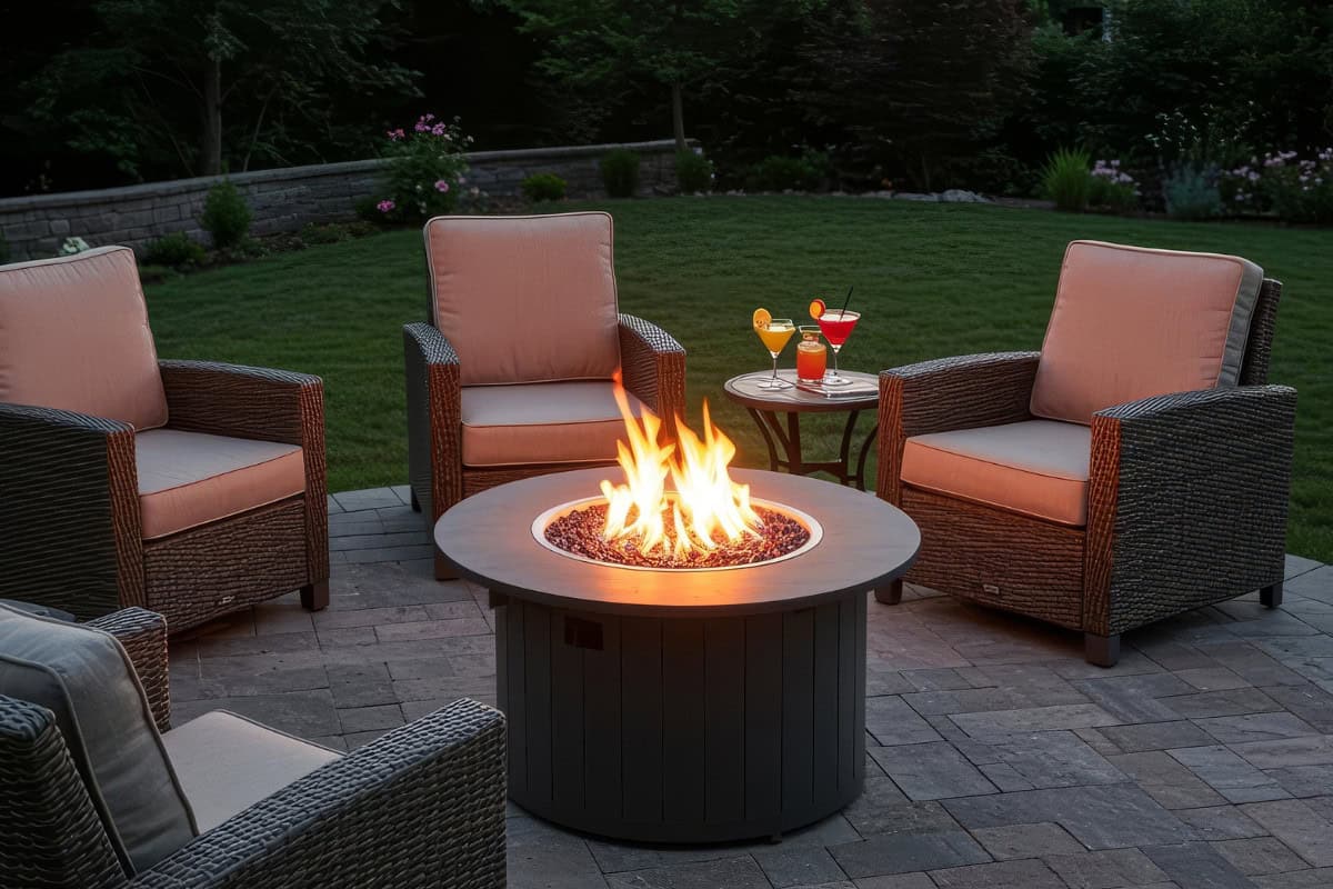 Image of a portable propane fire pit surrounded by chairs in a backyard.