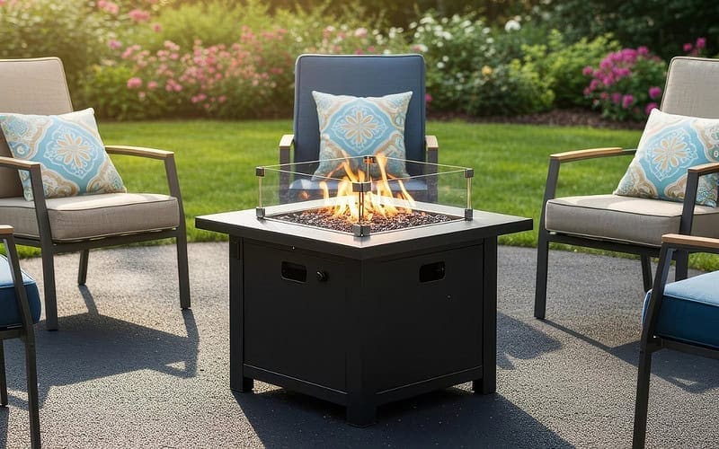Image of a portable propane gas fire pit and chairs on a backyard patio for a blog post about using a propane fire pit vs. natural gas.