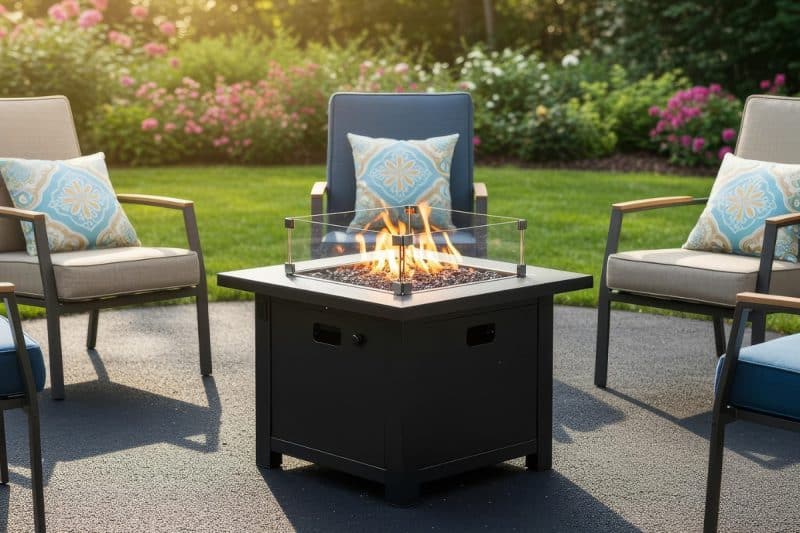 Image of a portable propane gas fire pit and chairs on a backyard patio for a blog post about using a propane fire pit vs. natural gas.