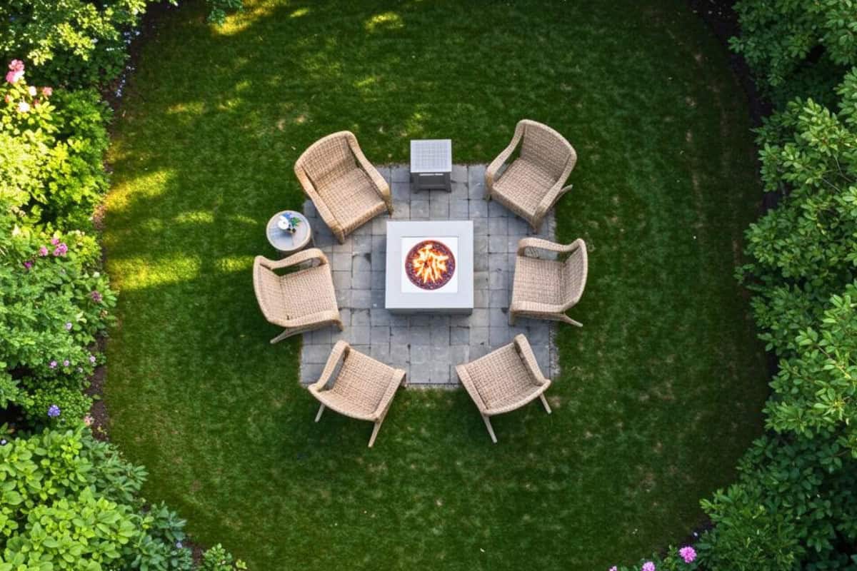 Image of a square propane fire pit and chairs from above.