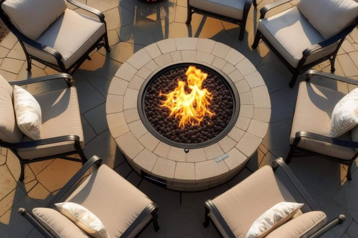 Image of a gas fire pit round from above.