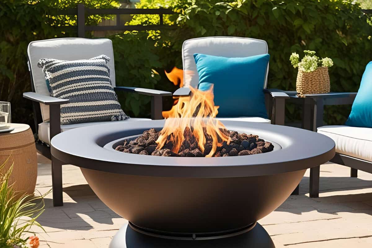 Image of a patio gas fire pit on a sunny day.