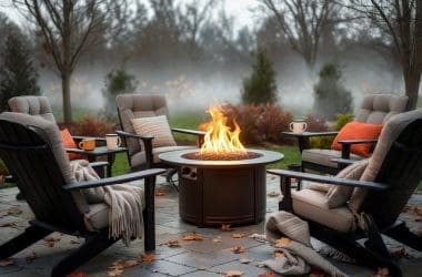 Image of a gas fire pit in a backyard for a blog post answering the question "how do gas fire pits work?"