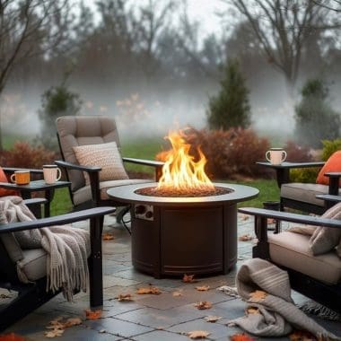 Image of a gas fire pit in a backyard for a blog post answering the question "how do gas fire pits work?"