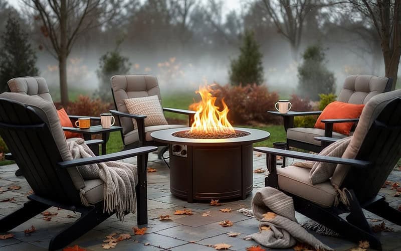 Image of a gas fire pit in a backyard for a blog post answering the question "how do gas fire pits work?"