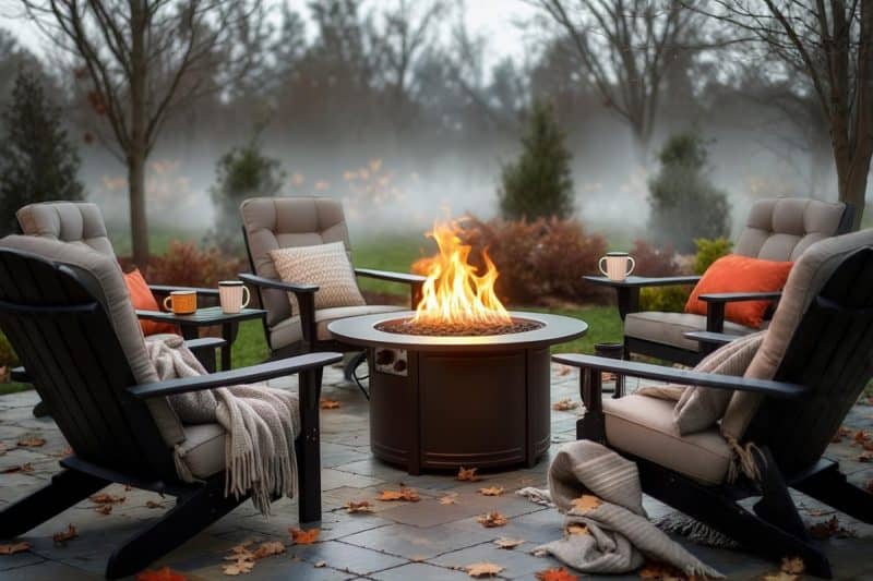 Image of a gas fire pit in a backyard for a blog post answering the question "how do gas fire pits work?"